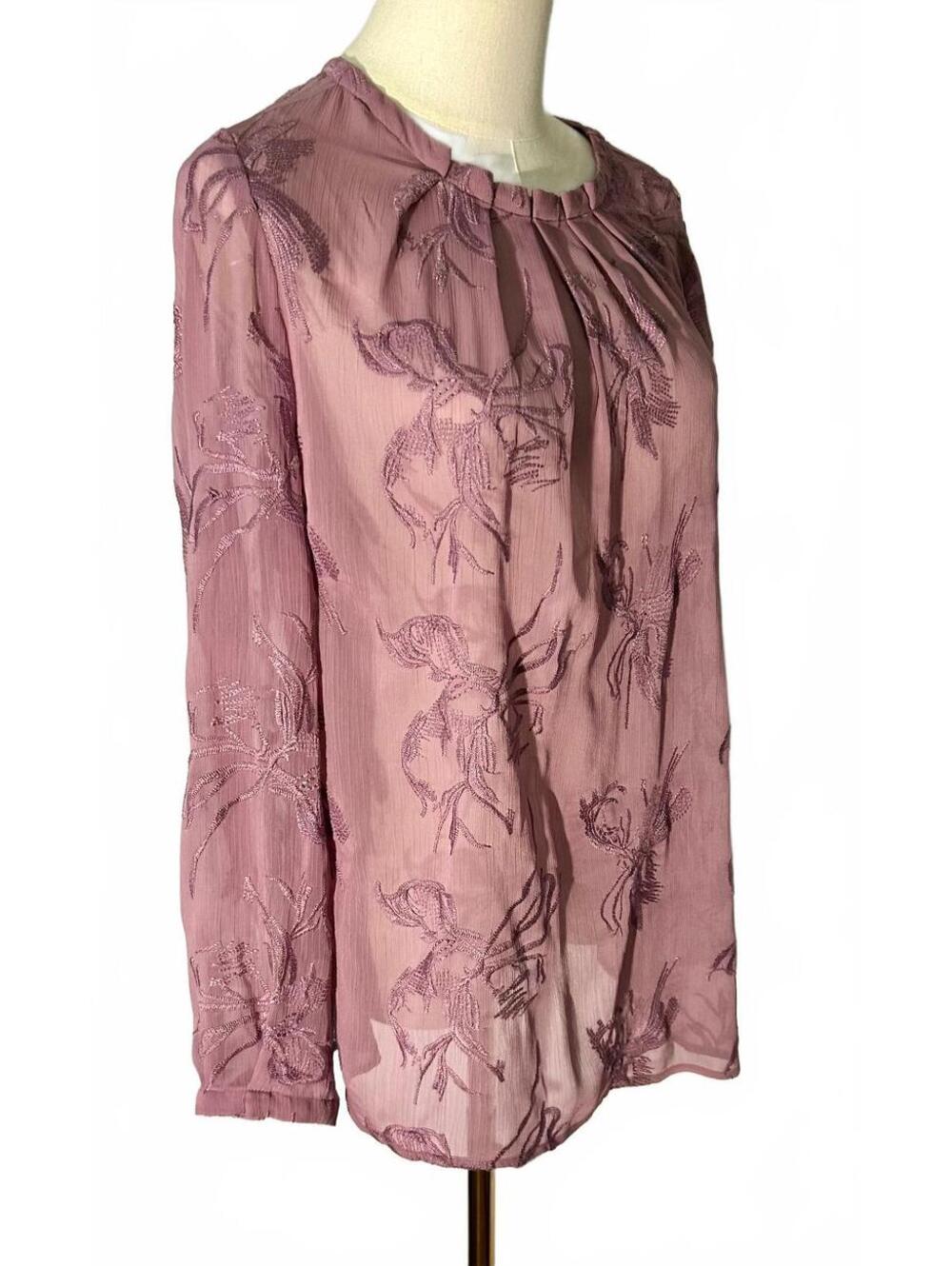 Chico’s Size 1 (8) Lavender Embroidered Floral Sheer Blouse Long Sleeve Boho